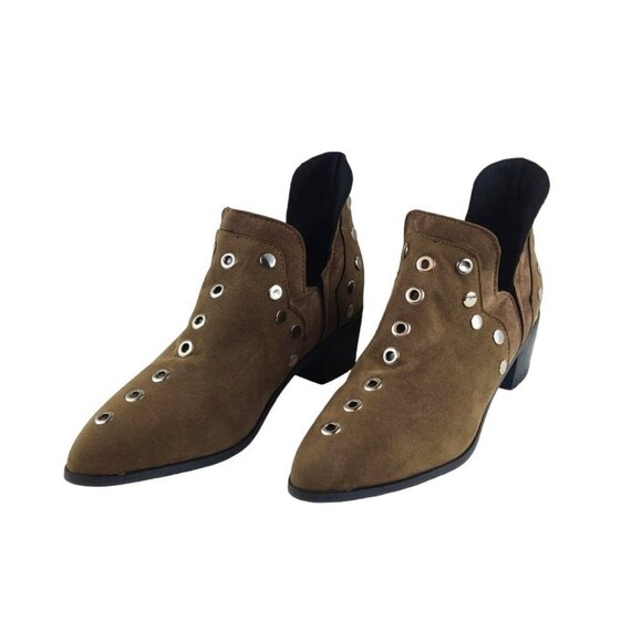 Studded Shoe Boot Two-Tone Brown Faux Leather Silver Studs Medium Block Heel - Picture 1 of 13